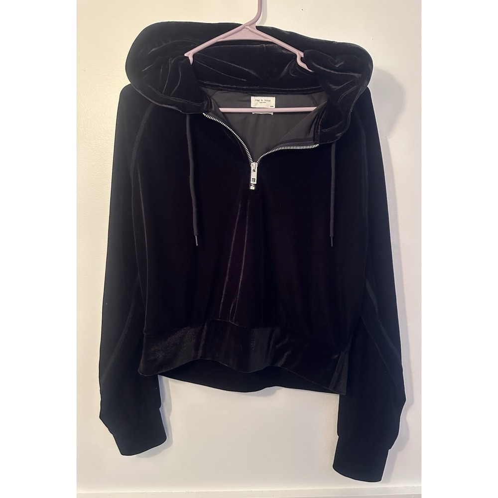 Rag & Bone Hoodie Womens Med Black Cropped Velvet Half Zip Sporty Pullover M 90s